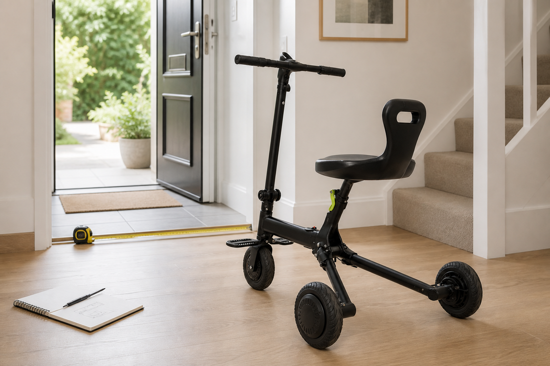 Three-wheel folding mobility scooter beside a doorway being measured