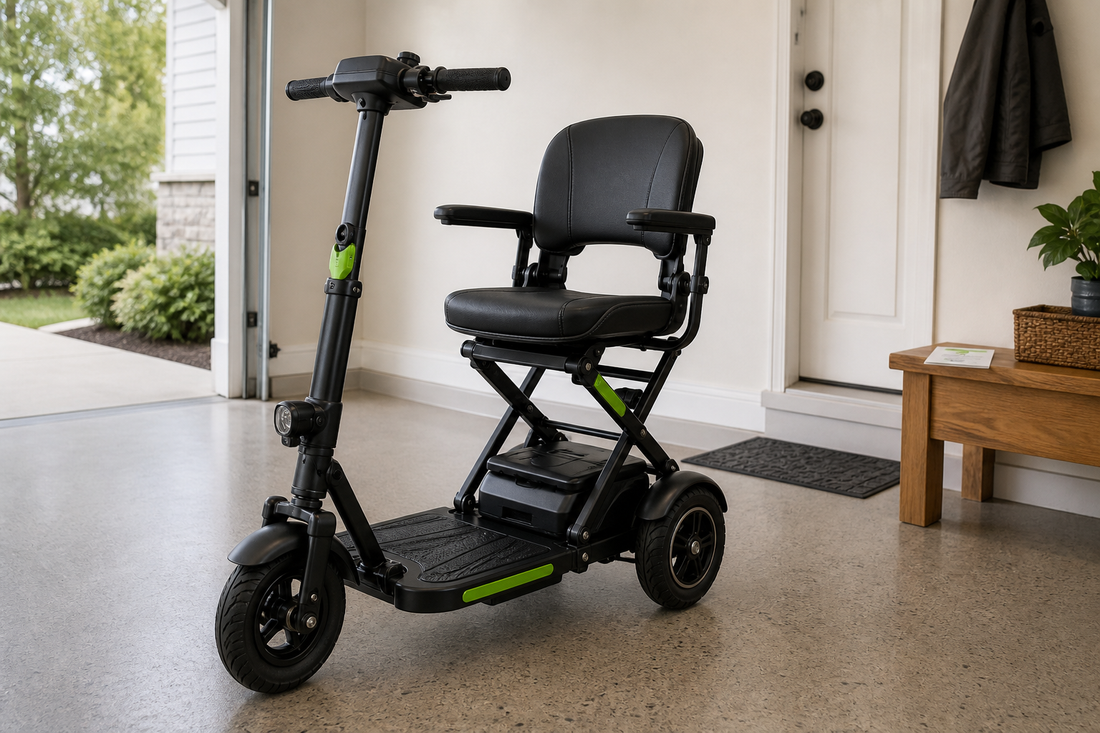 A folded mobility scooter beside a visual pre-ride inspection checklist