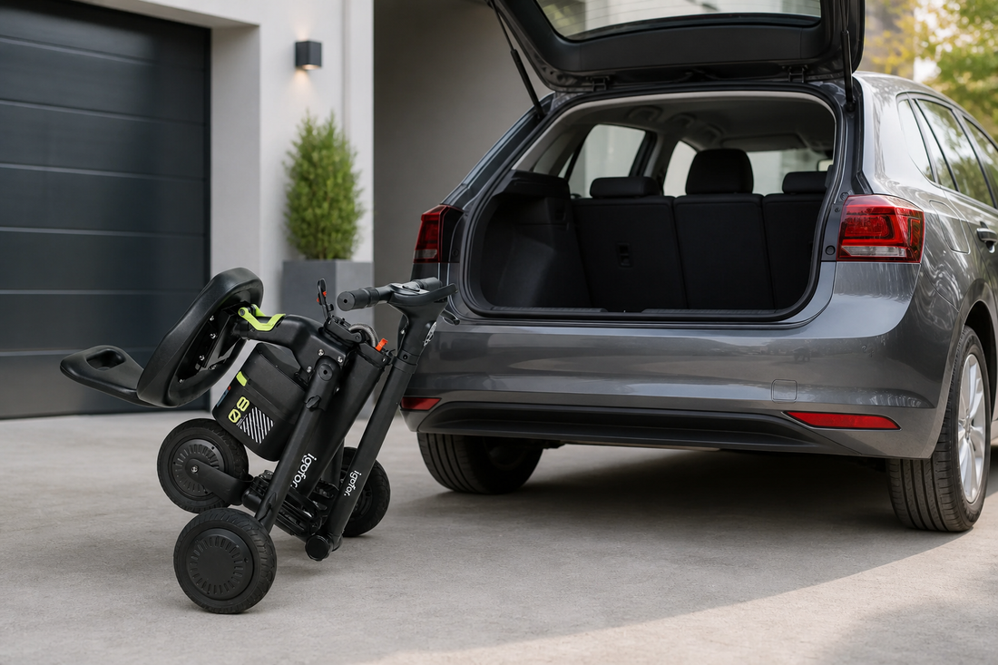 Folded Igofor EM301 mobility scooter positioned beside an open car trunk for trip planning